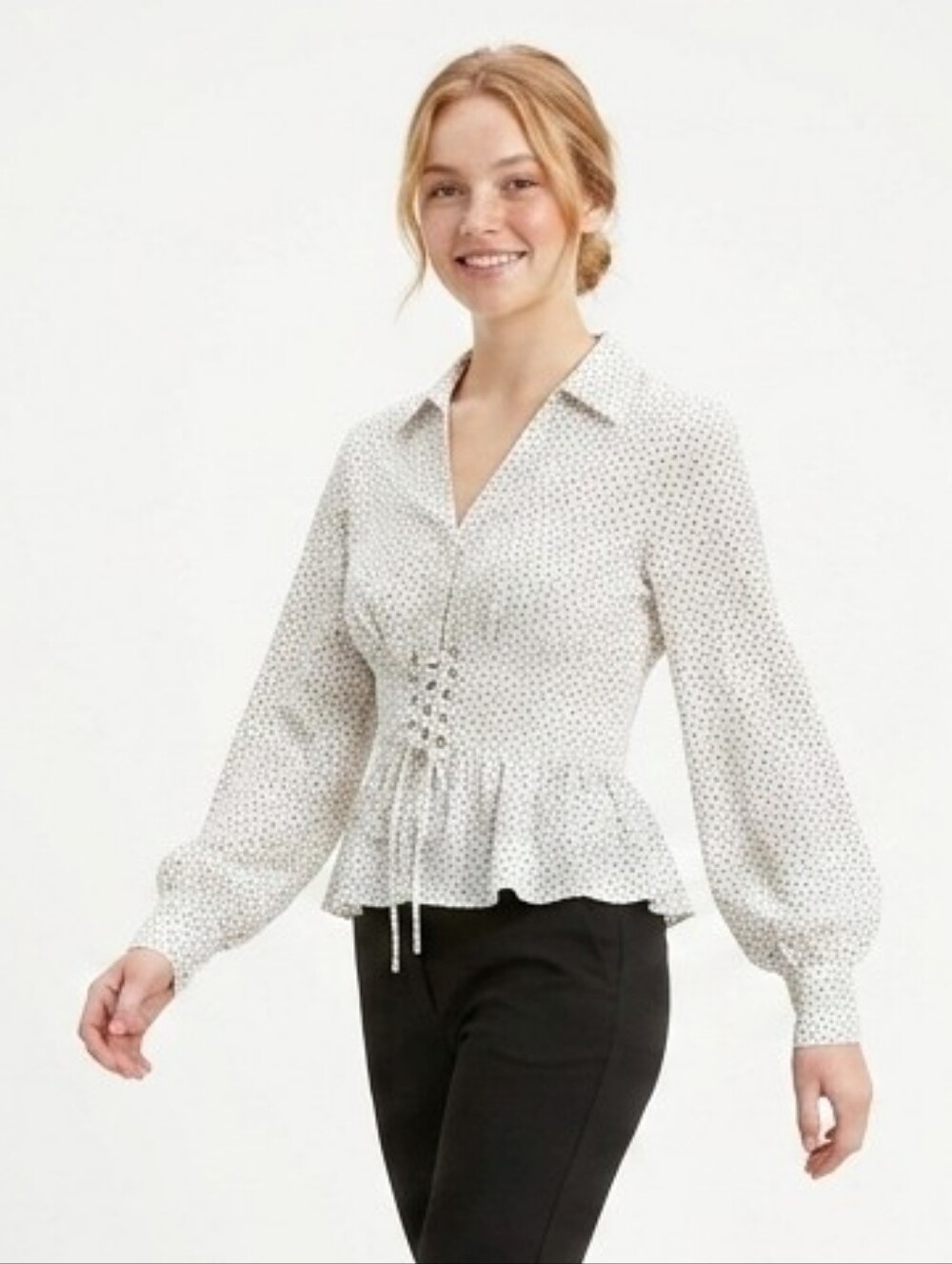 White Polka-Print Peplum Blouse with Lace-Up Front
